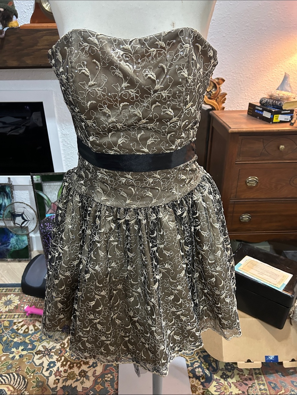 Jessica McClintock gold Strapless Embroidered Dress with Black Sash